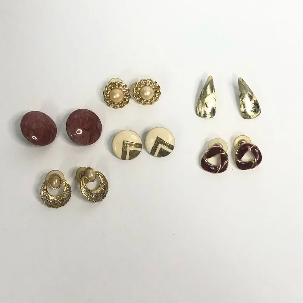 80s 90s red gold white round triangle classic‎ lot of 6 earrings pierced grandma